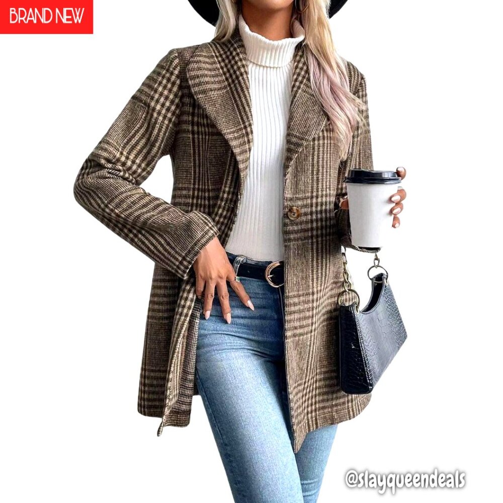 Vintage Plaid Wool Blend Blazer Coat Shawl Collar Button Up Office Casual